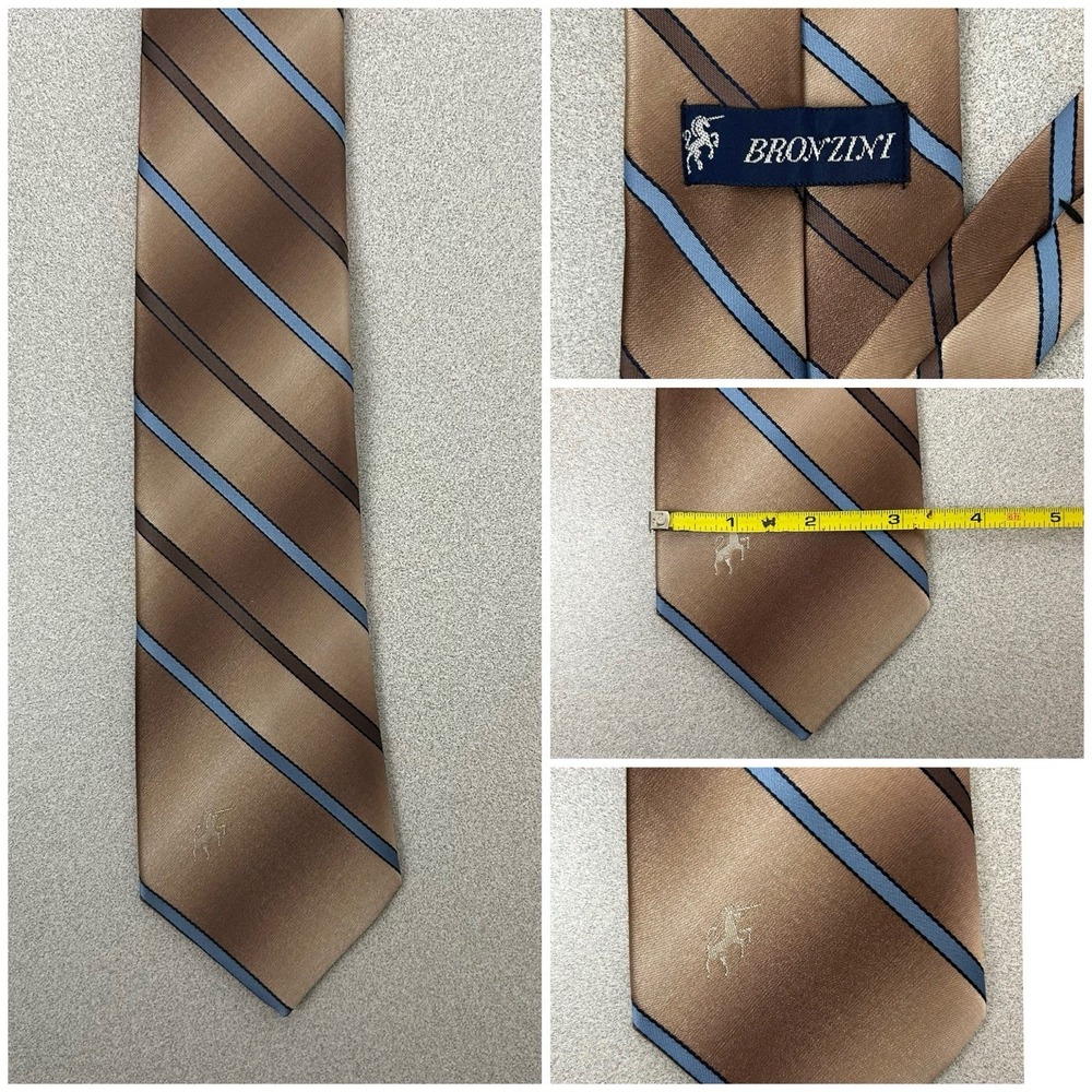 Vintage 70s Bronzini Men's Necktie Brown Blue‎ Striped Unicorn Logo 55.5"
